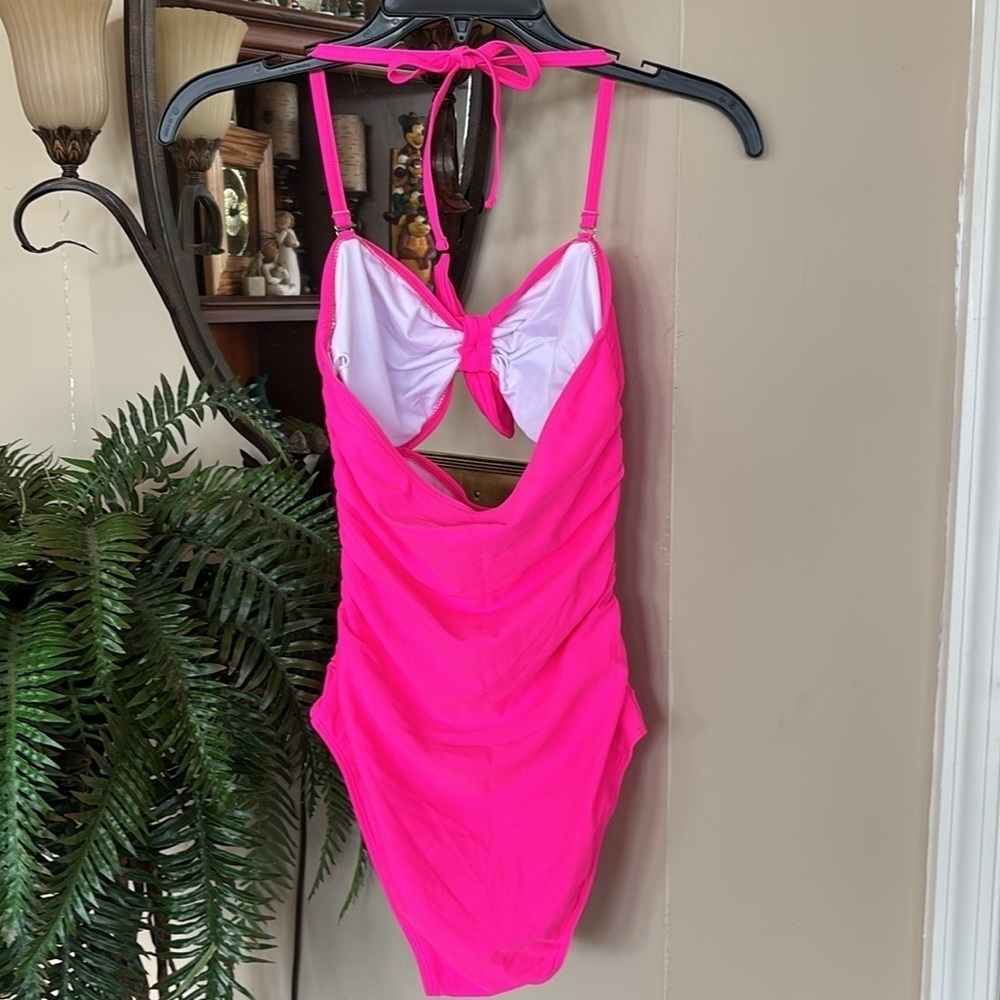 Brand New Tempt Me Hot Pink Tie Up Halter One-Piece Swimsuit Cutout Ruched Retro - Picture 8 of 16